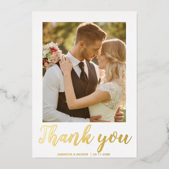 Modern script 2 photo wedding thank you card (Front)