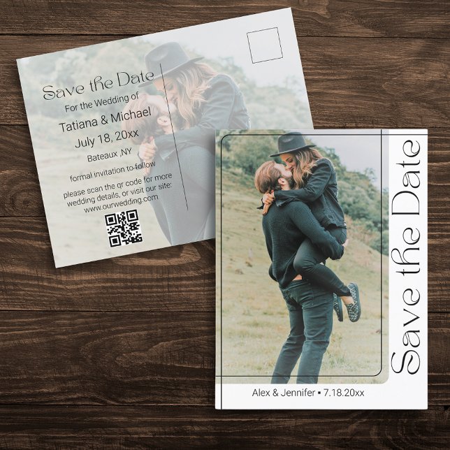 modern script 2 photos qr code save the date announcement postcard (Creator Uploaded)