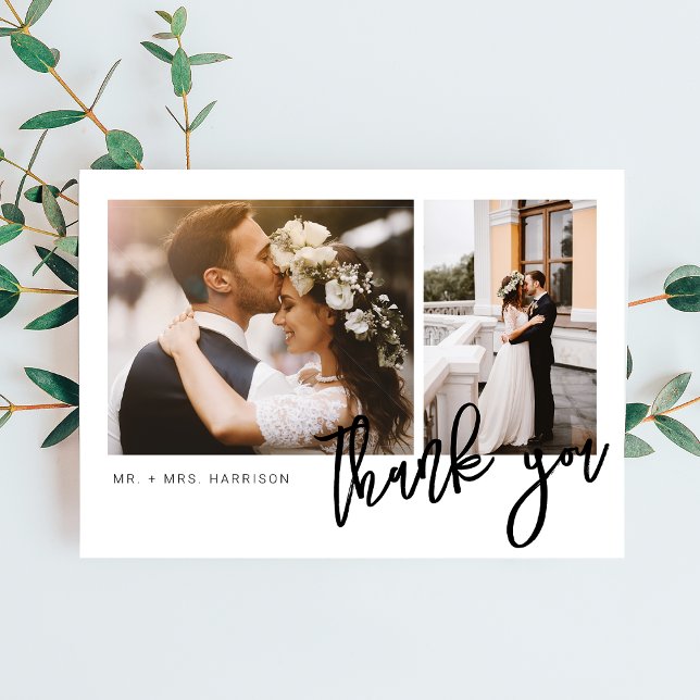 Modern Script 2 Photos Wedding Thank You Card (Creator Uploaded)