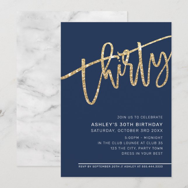 MODERN SCRIPT 30  birthday party navy gold glitter Invitation (Front/Back)