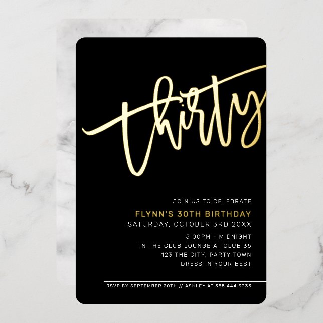 MODERN SCRIPT 30th birthday party black white gold (Front/Back)