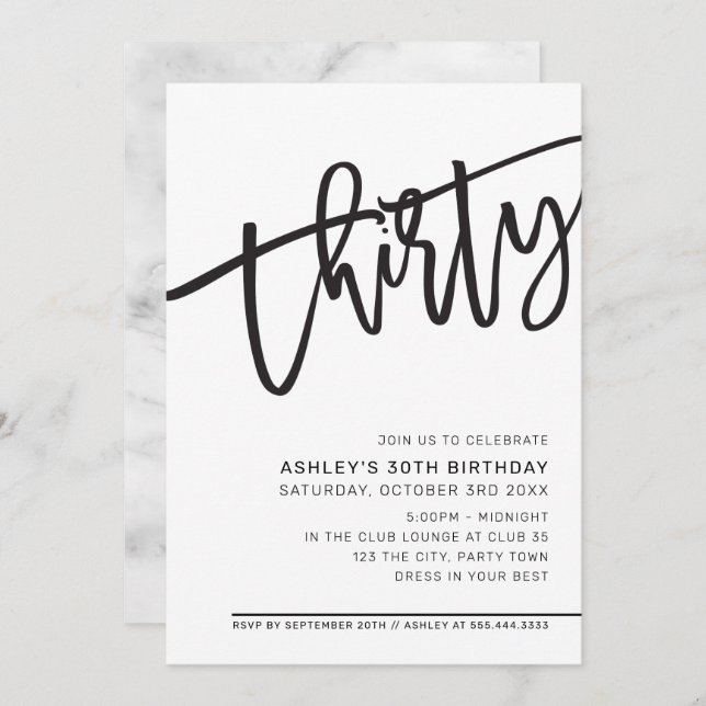 MODERN SCRIPT 30th birthday party black white Invitation (Front/Back)