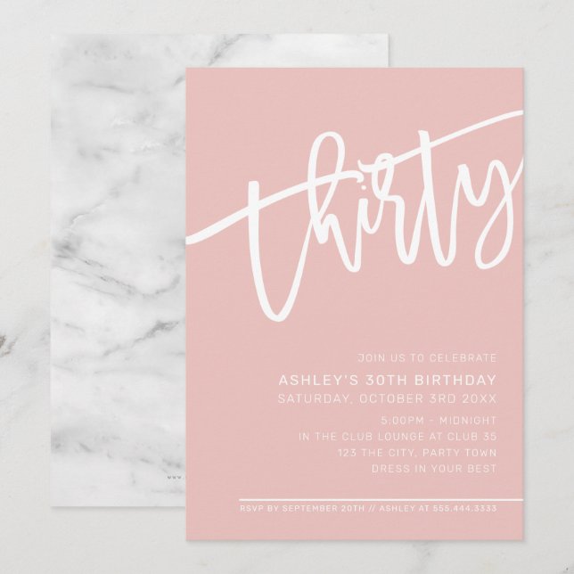 MODERN SCRIPT 30th birthday party cute pink white Invitation (Front/Back)