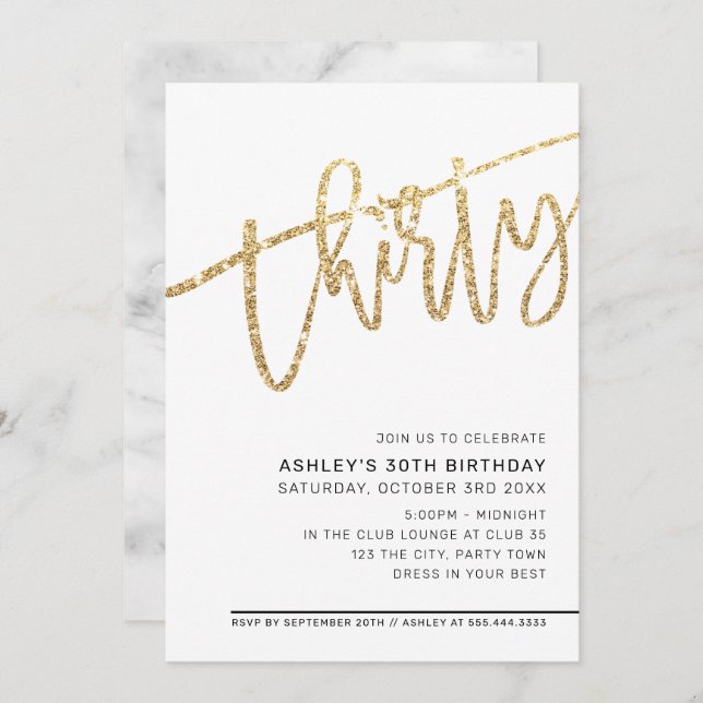MODERN SCRIPT 30th birthday party gold glitter Invitation (Front/Back)