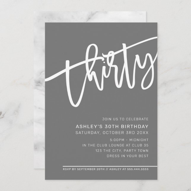 MODERN SCRIPT 30th birthday party grey grey white Invitation (Front/Back)
