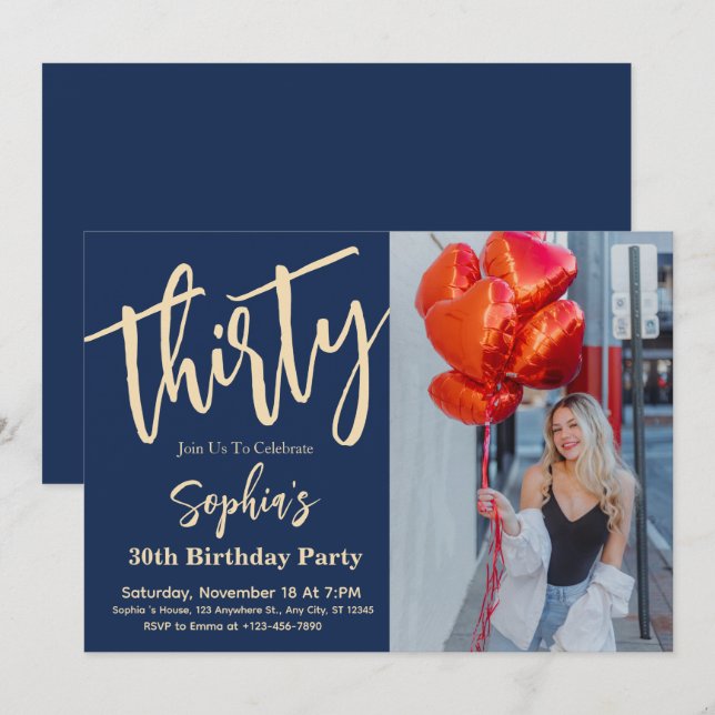 Modern Script 30th Birthday Party Photo  Invitation (Front/Back)