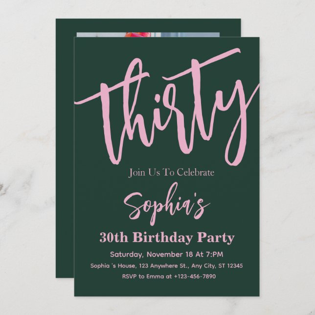 Modern Script 30th Birthday Party Photo  Invitation (Front/Back)