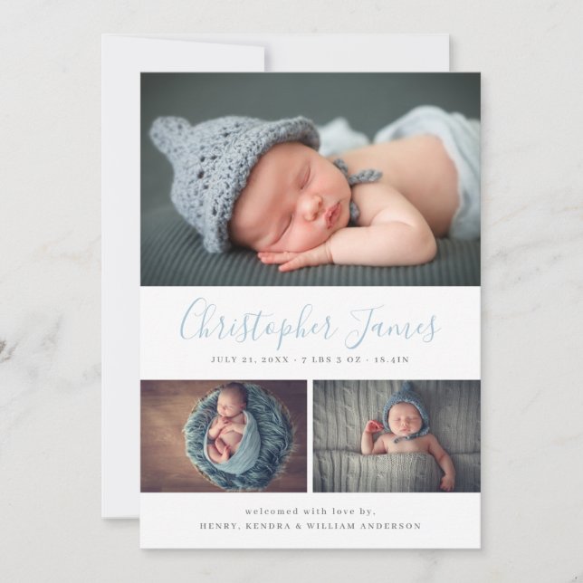 Modern Script 3 Photo Collage Birth Announcement (Front)