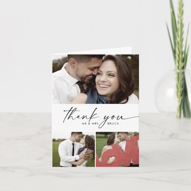 Modern Script 3 Photo Collage Folded Wedding Thank You Card (Front)