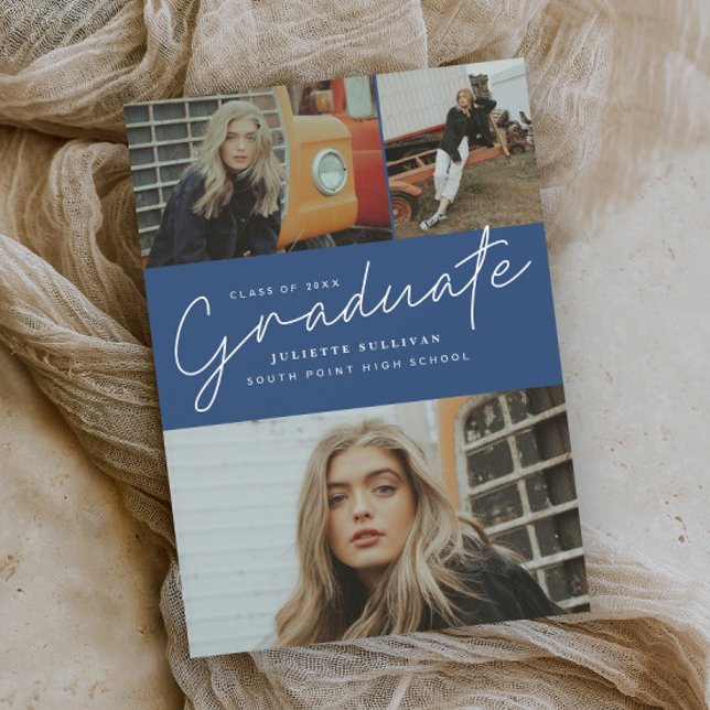 Modern Script 3 Photo Collage Graduation Party Invitation (Creator Uploaded)