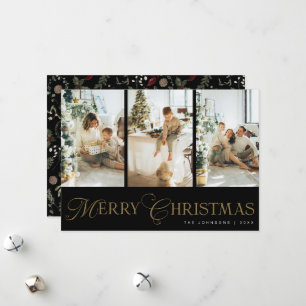 Modern Script 3 Photo Collage Merry Christmas Holiday Card
