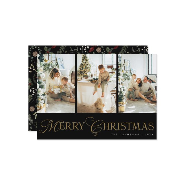 Modern Script 3 Photo Collage Merry Christmas Holiday Card (Front/Back In Situ)