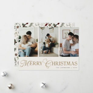 Modern Script 3 Photo Collage Merry Christmas Holiday Card