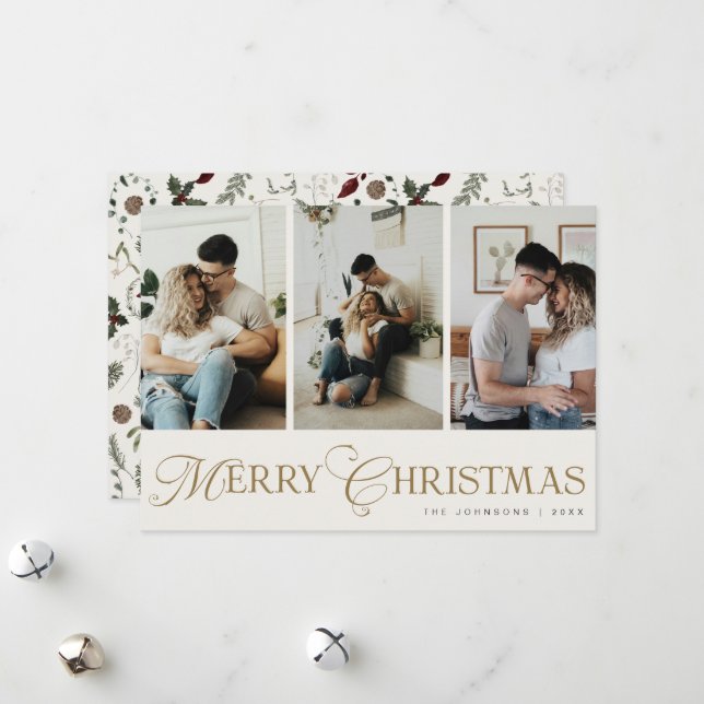 Modern Script 3 Photo Collage Merry Christmas Holiday Card (Front/Back In Situ)