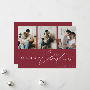 Modern Script 3 Photo Collage Red Merry Christmas Holiday Card