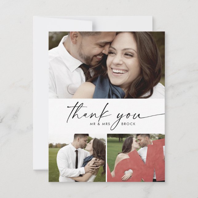 Modern Script 3 Photo Collage Wedding  Thank You Card (Front)