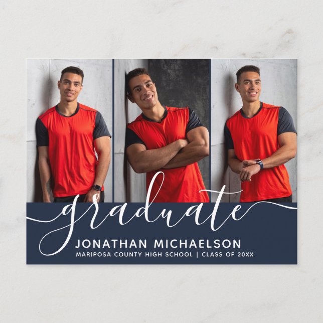 Modern Script 3 Photo Graduation Announcement Postcard (Front)