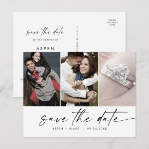 Modern Script 3 Photo Save the Date Invitation Postcard