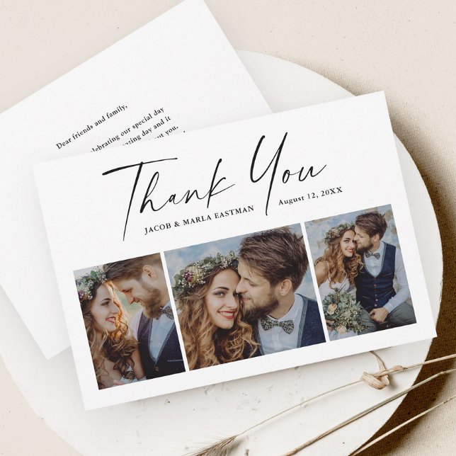 Modern Script 3 Photo Wedding Thank You Card (Modern script black and white 3 photo collage wedding thank you card.)