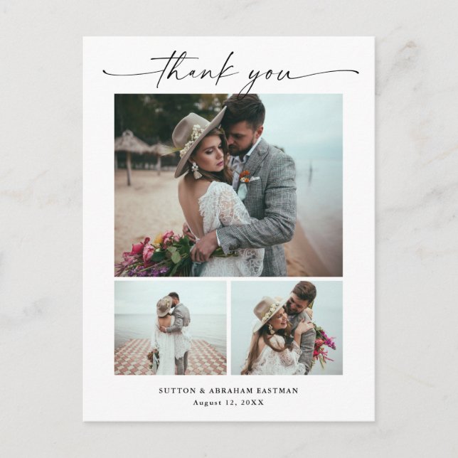 Modern Script 3 Photo Wedding Thank You Postcard (Front)