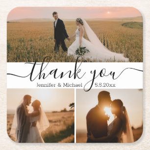 modern script 3 photo wedding thank you  square paper coaster