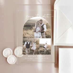 Modern Script 3 Photo White Wedding Save The Date Acrylic Invitations
