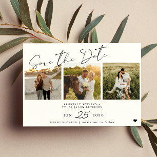 Modern script 3 photos black and white wedding save the date