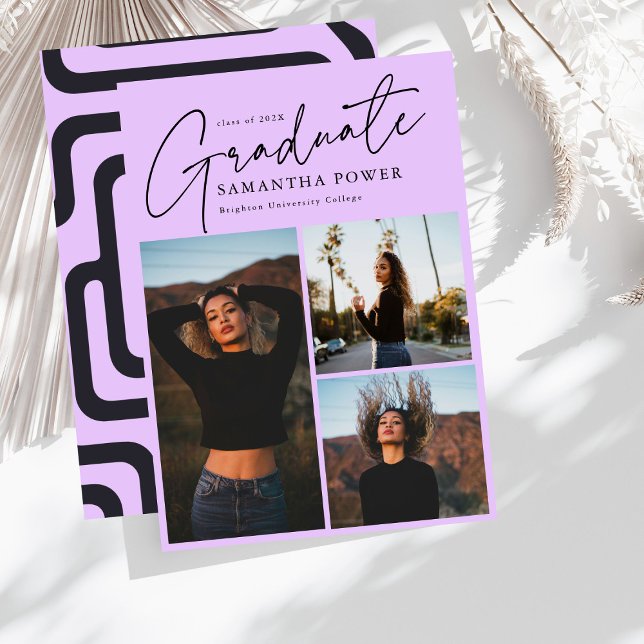 Modern Script 3 Photos Geometric Graduation Announcement (Creator Uploaded)