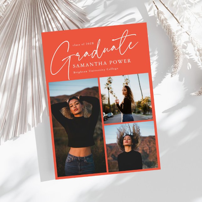 Modern Script 3 Photos Pink Graduation Announcement (Creator Uploaded)