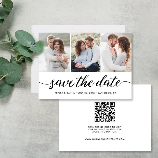 Modern Script 3 Photos QR CODE Wedding website Save The Date (Creator Uploaded)