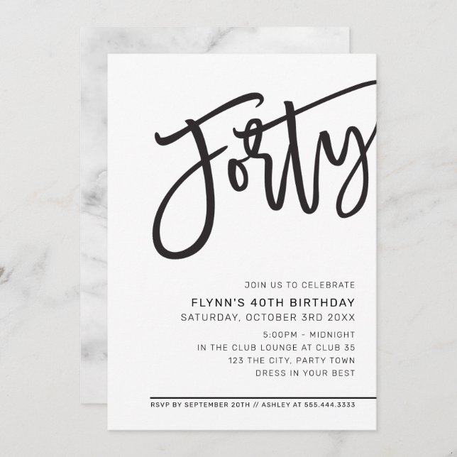 MODERN SCRIPT 40th birthday party black white Invitation (Front/Back)