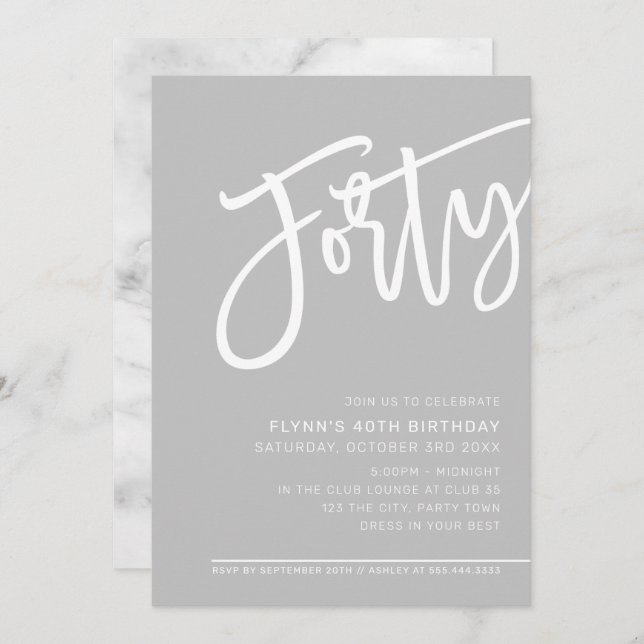 MODERN SCRIPT 40th birthday party pale grey white Invitation (Front/Back)