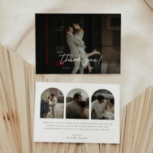 Modern Script 4-Photo Arch Wedding Couple Thank You Card