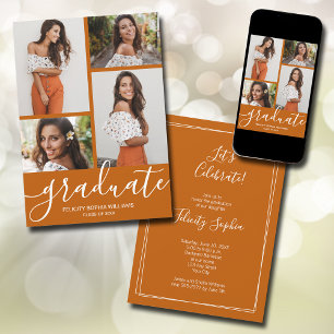 Modern Script 4 Photo Burnt Orange Graduation Announcement