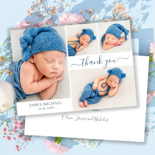 Modern Script 4 Photo Collage Baby Boy Thank You  Card