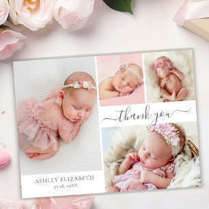 Modern Script 4 Photo Collage Baby Girl Thank You  Card