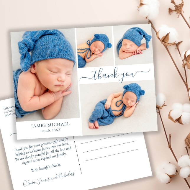 Modern Script 4 Photo Collage Baby Thank You  Postcard (Creator Uploaded)