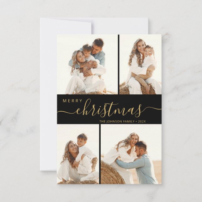 Modern Script 4 Photo Collage Christmas Card (Front)