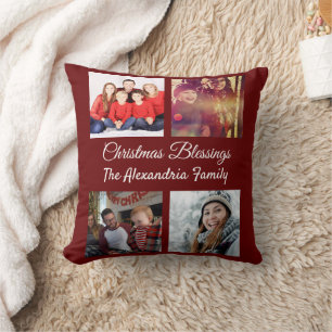 Modern Script 4 Photo Collage Family Christmas Cushion
