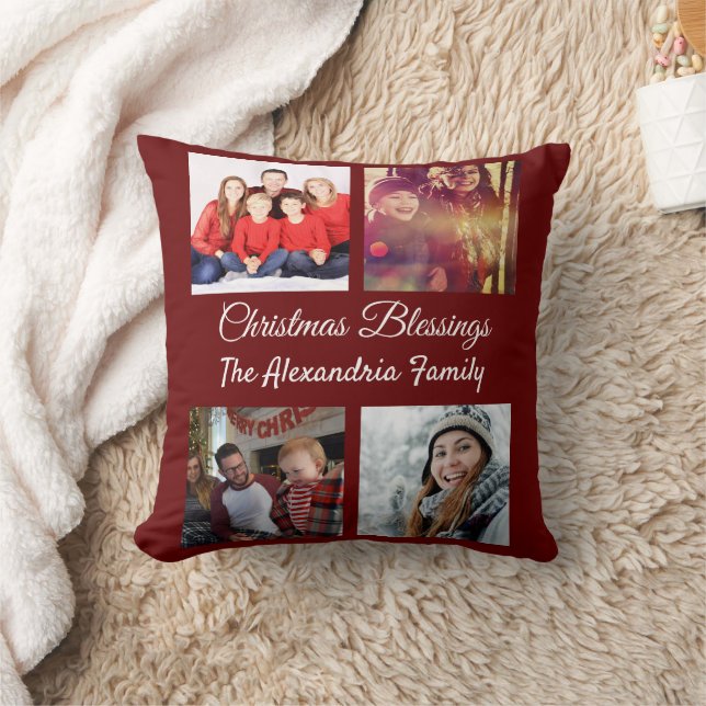 Modern Script 4 Photo Collage Family Christmas Cushion (Blanket)