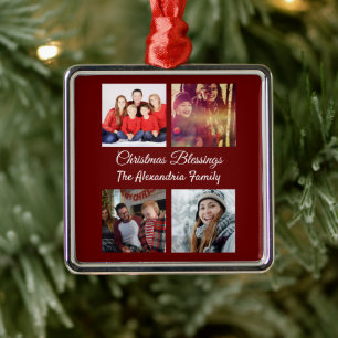 Modern Script 4 Photo Collage Family Christmas Metal Tree Decoration