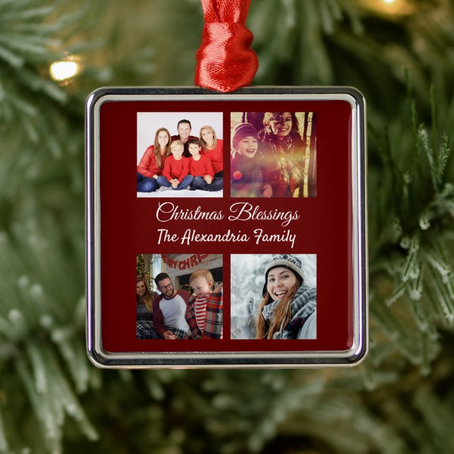 Modern Script 4 Photo Collage Family Christmas Metal Tree Decoration (Tree)