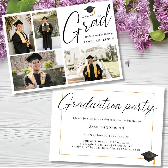 Modern Script 4 Photo Collage Graduation Party Invitation (Creator Uploaded)
