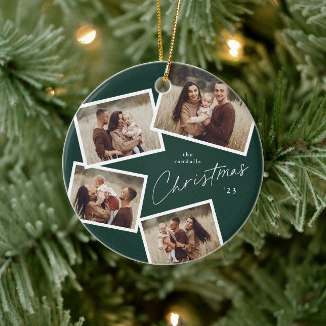Modern Script 4 Photo Collage Green Christmas Ceramic Tree Decoration (Tree)
