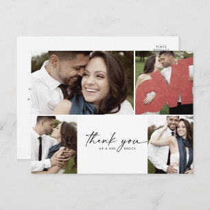 Modern Script 4 Photo Collage Wedding Thank You Postcard