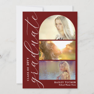 Modern Script 4-Photo Dark Red Arch Graduation Thank You Card