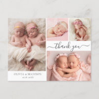 Modern Script 4 Photo Girl Twins Baby Thank You