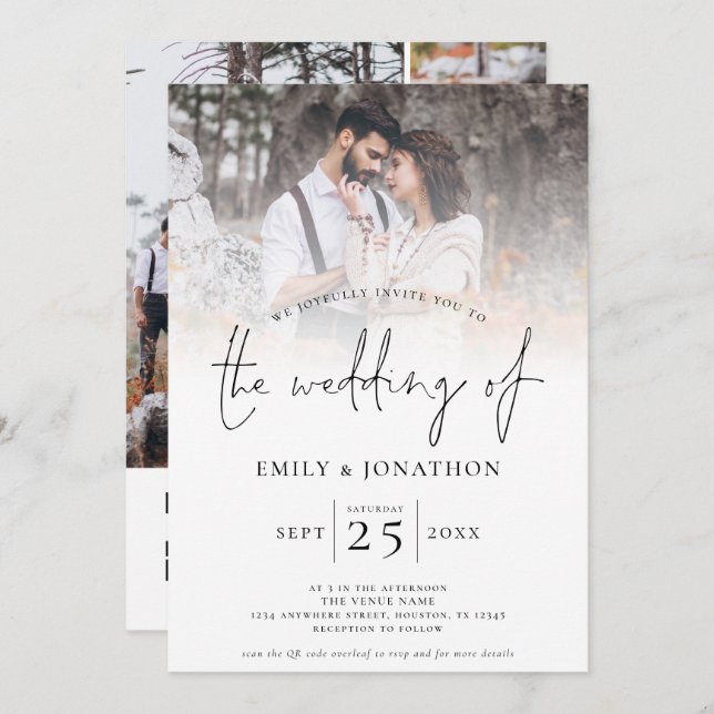 Modern Script 4 Photo Grid QR Code Wedding  Invitation (Front/Back)