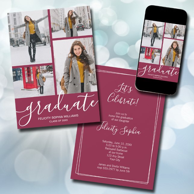 Modern Script 4 Photo Maroon Graduation Announcement (Modern script 4 photo maroon graduation announcements - PRINTED and/or INSTANT DOWNLOAD)