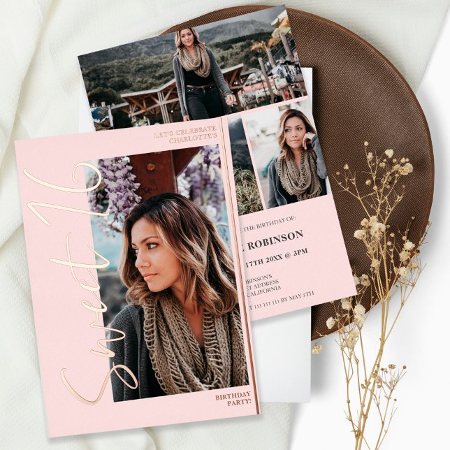 Modern script 4 photos pink Sweet 16 rose gold (Creator Uploaded)